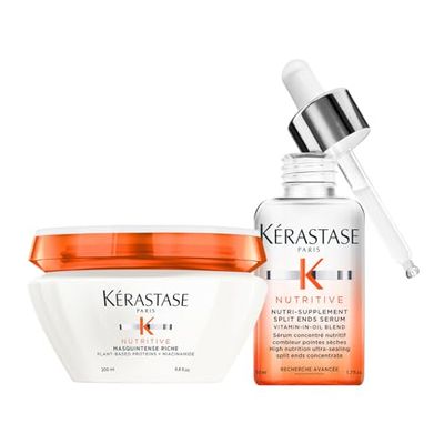 Kérastase, Nutritive, Routine Nourrissante pour Cheveux Fins à Moyens, Secs à Très Secs, Masque Masquintense (200 ml) + Sérum Concentré Nourrissant Combleur de Pointes (50 ml)
