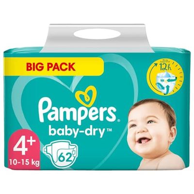 Pampers Baby Dry Maxi Plus Lot de 62 couches pour bébé 10-15 kg Protection complète contre les fuites jusqu'à 12 heures