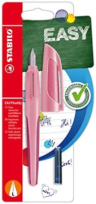 Stabilo - Pluma estilográfica escolar con plumín para zurdos L - EASYbuddy Pastel in Rossiges Rouge - Color de la tinta azul (borrable) - Bolígrafo individual - Cartucho incluido