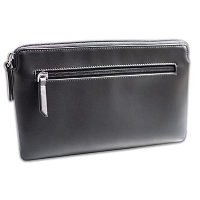 effektivo Bank Bag Genuine Leather Black Document Bag Money Bag with 2 Zip Compartments