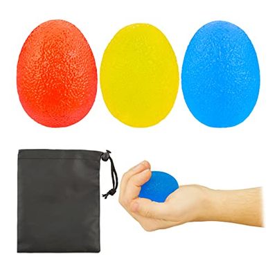 relaxdays Pelota Antiestrés, Pack de 3, Fortalecedor de Mano, Forma de Huevo, 6x4 cm, TPE-Poliéster, Rojo/Amarillo/Azul, Adultos Unisex