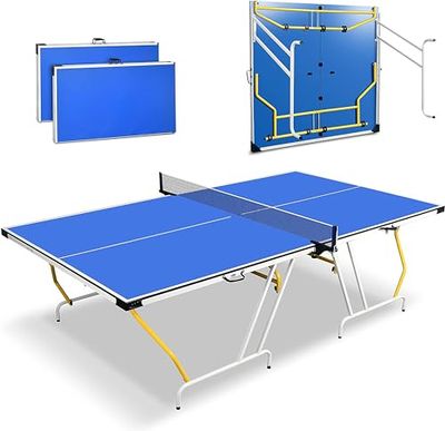 SereneLife Table de Ping-Pong Portable, Table Ping-Pong Extérieur Intérieur - Taille Complète avec Filet, Clipper, Poteau - Design Pliable Économiseur d'Espace de 274 cm x 152 cm, Bleu