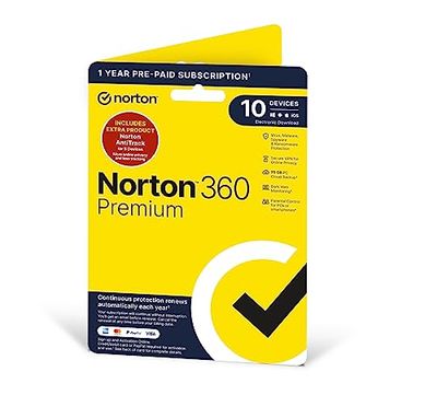 Norton 360 Premium & Antitrack 2024, Antivirus Software for 10 Devices, 75GB, 12 Month Subscription ‎with ‎Automatic Renewal