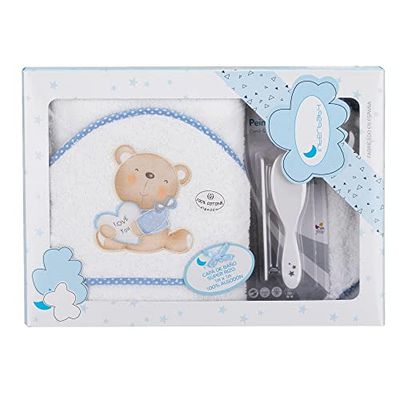 Amazon - Peleryna łazienkowa z kapturem, Love White i Blue - 100% bawełna - i zestaw pędzli do włosów i grzebienia
