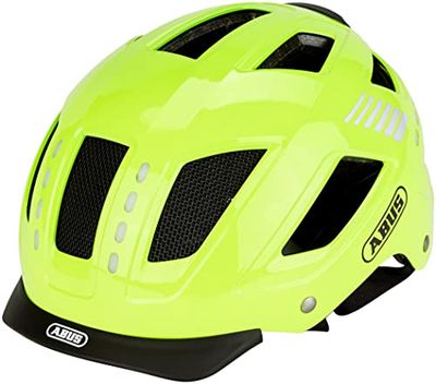 ABUS Casco de bicicleta con luz - Hyban 2.0 LED - luz delantera y trasera y carcasa rígida robusta - para hombres y mujeres - Amarillo brillante, talla M