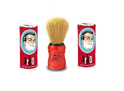 The Shave Factory 2 x Arko Shaving Cream Soap Stick and Omega Shaving Brush with Natural Boar Bristle, Red