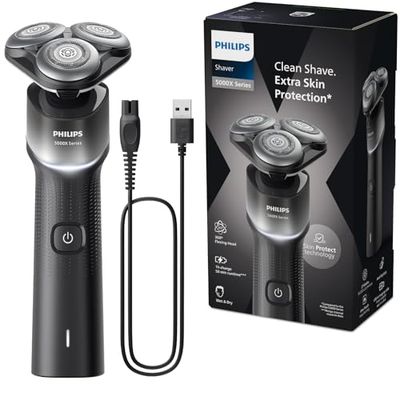 Philips Shaver 5000X Series Rasoio elettrico Wet and Dry con tecnologia Skin Protect, testina flessibile a 360°, 1 ora di ricarica/ricarica rapida di 5 minuti, cappuccio a P, Argento, modello X5004/00