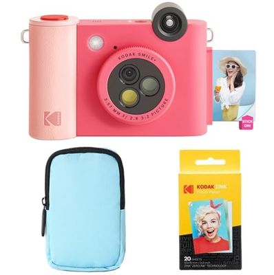 KODAK Smile+ - Paquete de iniciación de cámara instantánea Digital e Impresora fotográfica 2 en 1, Funda de Lujo + Papel Zink 20 Unidades, 10 MP, Lente giratoria, Fucsia