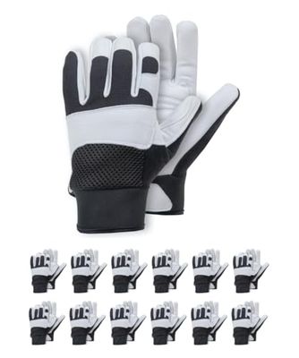 RS Guantes de montaje FARRA TEC de piel de cabra de ultra alta calidad, talla 10, 12 pares/blanco, negro/tipo mecánico, guantes de trabajo de cuero/guantes de protección