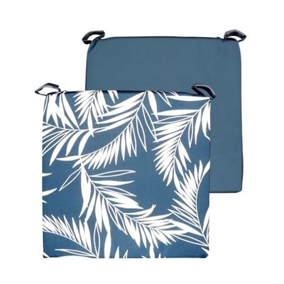 Atout Ciel Galette de Chaise Bicolore à Scratch en Tissu déperlant 40x40x4cm, Bleu imprimé/Bleu Uni