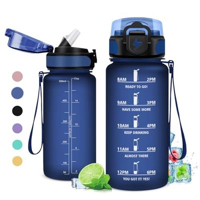 KollyKolla Drinkfles voor kinderen, 500 ml, motiverende drinkfles met rietje, sportwaterfles met tijdweergave, drinkfles voor volwassenen, fiets, reizen