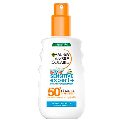 GARNIER Amber Solaire - Spray Sensitive Expert+ Bambino - Alta Protezione Solare FPS 50+ - Protegge da UVA, UVB e UVA lunghi, a base di ceramiche, pelli sensibili, 200 ml