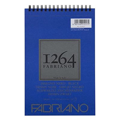 Honsell 19100651 – Fabriano Disegno Nero ritblock med spiralbindning 1264, 200 g/kvm, DIN A5, 20 ark svart, satinerat papper med medelkornig, syrafritt, för alla torra tekniker