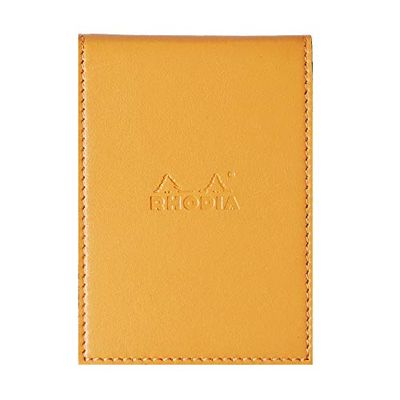 RHODIA 118118C - Case Clipboard + Stapled Notepad N°11 Orange - A7 - Small Squares - 80 Detachable Sheets - White Clairefontaine Paper 80 g/m - Pencil Holder - Faux Leather, 84 x 115 mm