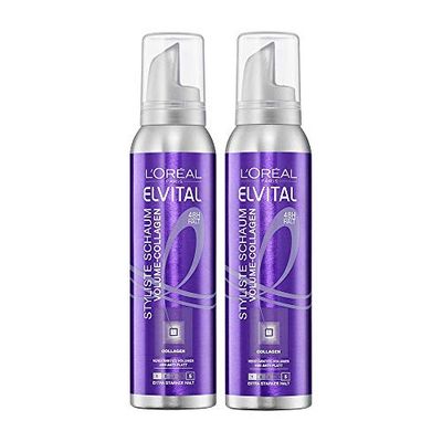 L'Oréal Paris Elvital Stylist, fissante in schiuma, volume XXL e effetto anti-piastra, tenuta ultra forte, senza parabeni, collagene volumizzante in schiuma, 2 x 150 ml