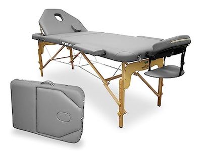 WELLCORE inklapbare massagetafel, met inklapbare rugleuning, gemaakt van hout, kunstleer, 195 x 70 cm, in hoogte verstelbaar, verstelbare hoofdsteun, gezichtsgat, kleur zilver, tot 225 kg