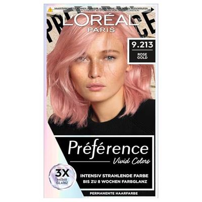 L'Oréal Paris Intensive Permanent Hair Colour, Up to 8 Weeks of Shiny Hair and Intense Colour, Préférence Vivid Colours, Colour: 9.213 Rose Gold, 1 Piece