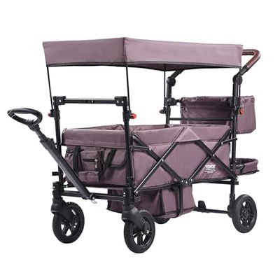 VEVOR Vikbar vagn för 2 barn 25 kg belastning barnvagn med justerbart handtag säkerhetsbälte avtagbar huva bromshjul multifunktionell camping transportvagn, mörklila