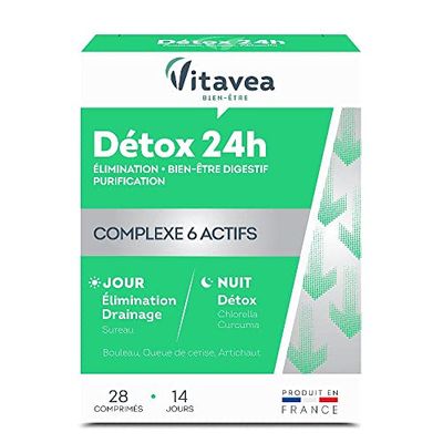 Vitavea - Complément alimentaire Détox 24h Jour & Nuit - Elimination Digestion Drainage - Sureau Chlorella Curcuma Bouleau Queue de cerise Artichaut - 28 comprimés - Fabriqué en France