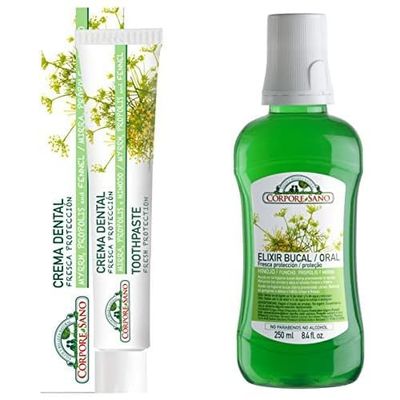 Pack Crema Dental Fresca Protección y Elixir Bucal Natural, con Mirra, Própolis e Hinojo. Previene caries, encías inflamadas y mal aliento. Sin flúor, alcohol ni parabenos. 75ml + 250ml