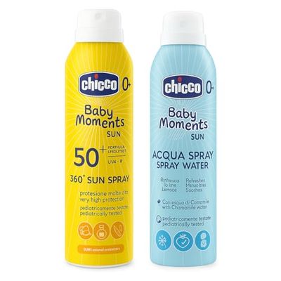 Chicco Set Protezione Solare da Viaggio, Spray SPF50+ 150ML e Acqua Rinfrescante Spray Lenitiva e Idratante, per Pelle Sensibile del Bambino, Resistente all'Acqua, 0 Mesi+