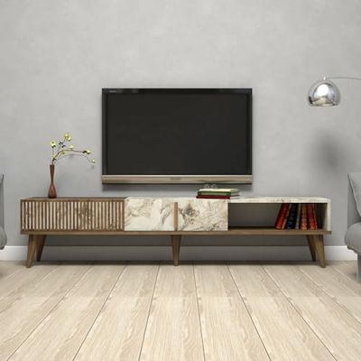 Dmora - Meuble TV Aquila, Buffet de Salon, Armoire Basse pour TV, Base Murale de Rangement, 180x35h40 cm, Noyer et Blanc