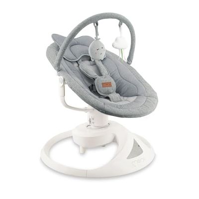 MoMi Babywippe PEARL für Babys bis 9 kg, 360° drehbar, LED-Panel, Bluetooth, Fernbedienung, Batterie/Netzbetrieb, USB-Netzteil, 5-Punkt-Gurt, Spielbogen mit Spielzeug