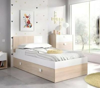 Dmora - Lit d'enfant Frerone, Couchette pour Chambre d'enfant, Ensemble de Chambre, Support de Matelas, 97x196 h79 cm, Blanc et Chêne Clair