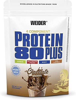 Weider Protein 80 Plus protéine en poudre, Chocolat, faible teneur en glucides, mélange de lactosérum de caséine multi-composants pour shakes protéinés, 500 g