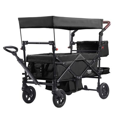 VEVOR Carro Plegable de 2 Asientos Carga de 25kg Cochecito con Asa Ajustable Cinturón de Seguridad Toldo Extraíble Rueda de Freno Carro de Transporte Multifunción para Camping, Playa, Negro