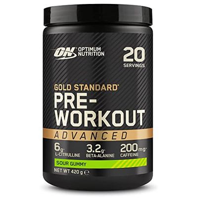 Optimum Nutrition Gold Standard Polvo Avanzado Pre Entrenamiento, Energy Booster con L-Citrulina, Beta Alanina, Cafeína y Vitaminas B12 y B6, Sabor Gominola Agria, 20 Porciones, 420 g