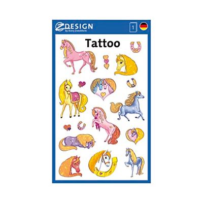 AVERY Zweckform 56681 tattoo kinderen 17 stuks (tijdelijke tatoeages paarden, kindertattoo waterbestendig, kleeftattoos, kinderverjaardag, cadeautje, feestspellen, prijzen, kinderen om te spelen, tattoo meisjes)