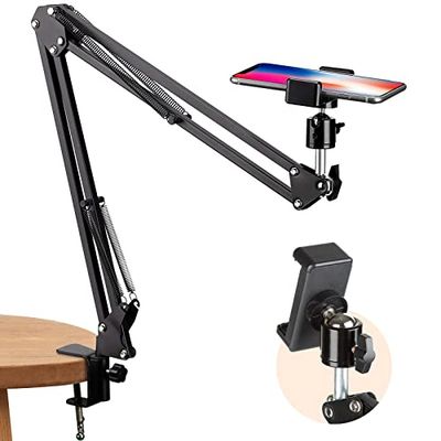 TARION Overhead Tripod Mount Articulating Arm Phone Holder Video Webcam Stand Lazy Arm Clamp Table Desktop Suspension Scissor Arm Stand (Black)