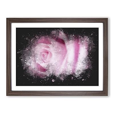 Pink Rose Flower Vol.1 Paint Splash Modern Art Framed Wall Art Print, Ready to Hang Picture for Living Room Bedroom Home Office Décor, Walnut A2 (64 x 46 cm)