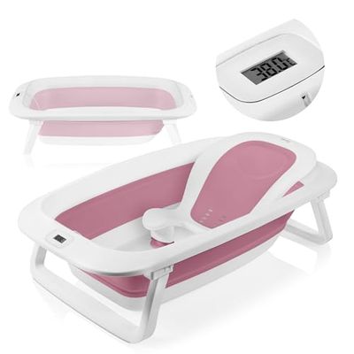 LIONELO BABYBUBBLE Baignoire pliable pour bébé de 0 à 3 ans avec thermomètre et réducteur de siège de bain portable en silicone, bouchon d'échappement antidérapant, stable et compact pour voyage