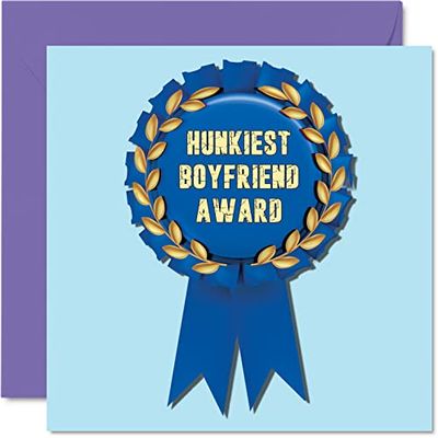 Leuke verjaardagskaart voor vriend - Hunkiest Boyfriend Award Rosette - Grappige verjaardagskaart voor mannen hem van vriendin, 145mm x 145mm Valentijnsdag wenskaarten voor verloofde verloofde