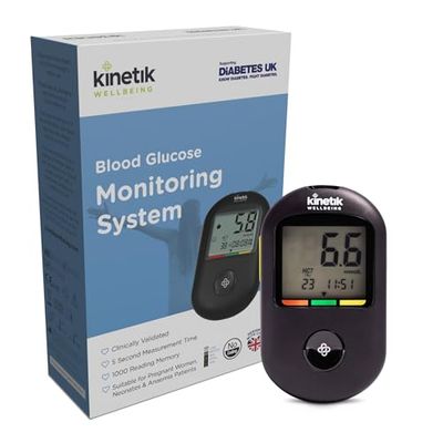 Kinetik Wellbeing Blood Sugar Monitor - Glucometer Kit for Diabetic Home Testing Used by the NHS - Monitor Glucose with Precision - Suitable for Pregnancy - Supporting Diabetes UK
