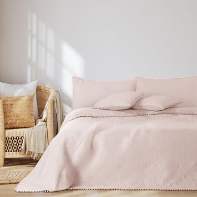AmeliaHome Sprei met pompons 220x240 cm bedsprei dubbelzijdig ultrasoon stiksel polyester Meadore poederroze