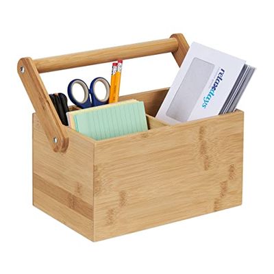 Relaxdays Organiseur en Bambou à poignée, 4 Compartiments, HxLxP : 24x26x15 cm, Rangement, Organisateur Bureau, Nature