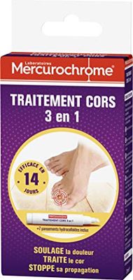 MERCUROCHROME - Traitement Cors 3 en 1 - Efficace en 14 Jours - Contient 1 Stylo + 7 Pansements Hydrocolloides