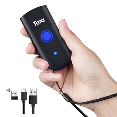 Tera Bluetooth Lecteurs de Code Barre sans Fil 2.4GHz USB (3-en-1) Portable 1D Douchette Scanner Laser Léger pour Smartphone Ecran Compatible avec iOS Android Windows Modèle 1100