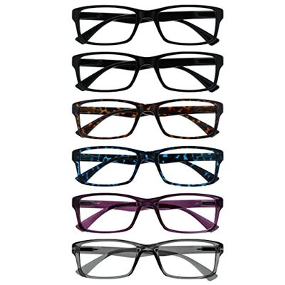 OPULIZE Pep Occhiali da Lettura Confezione da 6 Classic Everyday Telaio Rettangolare Resistente ai Graffi Primavera Cerniere Uomo Donna RRRRRRR92, Nero/Marrone/Blu/Viola/Grigio