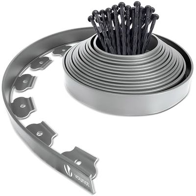 VOUNOT Tuinrand van kunststof, 10 m, met 30 haringen, flexibele gazonrand met haringen, robuust, tuinidee, hoogte 50 mm, dikte 4 mm, grijs