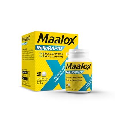 Maalox Reflurapid Blocca il Reflusso Gastroesofageo, Riduce Bruciore e Acidità di Stomaco, anche in Gravidanza - con Bicarbonato di Sodio, Senza Glutine, Senza Lattosio (40 Compresse Gusto Menta)