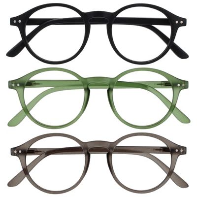 OPULIZE REY Occhiali da Lettura - Pacco da 3 - Montatura Rotonda Retro - Nero Opaco, Verde, Grigio - Uomo Donna - Cerniere a Molla - RRR56-167 - +3.00