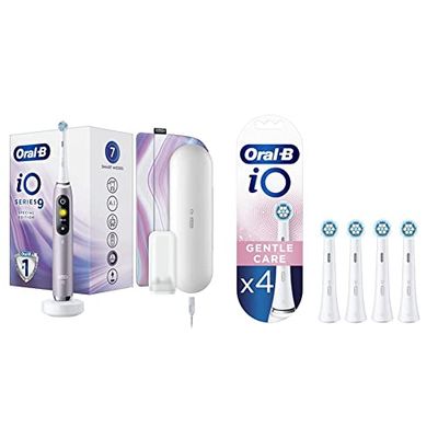 Oral-B iO Series 9 Brosse à Dents Électrique Rechargeable avec 1 Manche Intelligence Artificielle, Rose, 1 Brossette et 1 Étui & iO Gentle Care, Embout, Pack de 4 Brossettes de rechange, Blanc