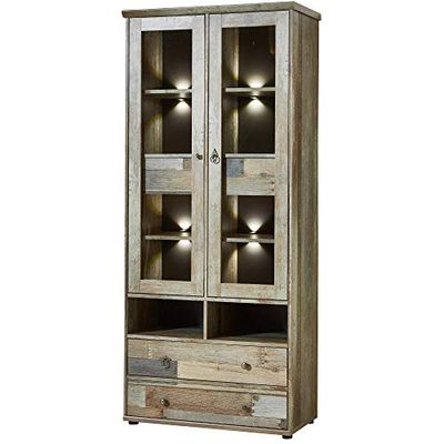 Stella Trading Bonanza - Vitrine vintage em madeira flutuante, expressiva vitrina de vidro retro com iluminação LED, 83 x 188 x 39 cm (largura x altura x profunda)