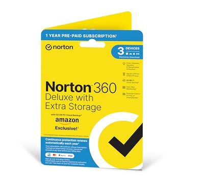 Norton 360 Deluxe with Extra Storage, 25 GB Extra Cloud Backup, Antivirus Software for 3 Devices and 1-year Subscription With Automatic Renewal