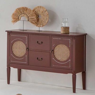 Aparador De Madera Y Ratan Con 2 Cajones Y 2 Puertas Marron