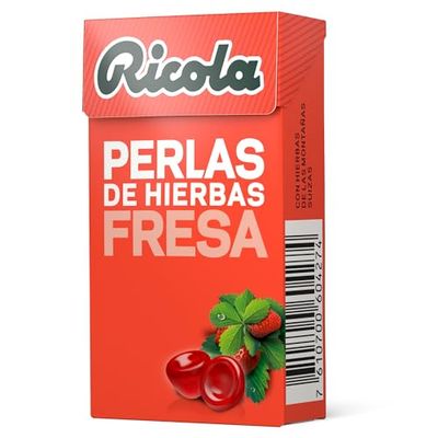Ricola - Pérolas de ervas morango, doces brancos, refrescante e alivia a garganta e as vias respiratórias, com sumo de morango, 13 ervas suíças e óleos essenciais, com adoçantes, caixa de 25 g